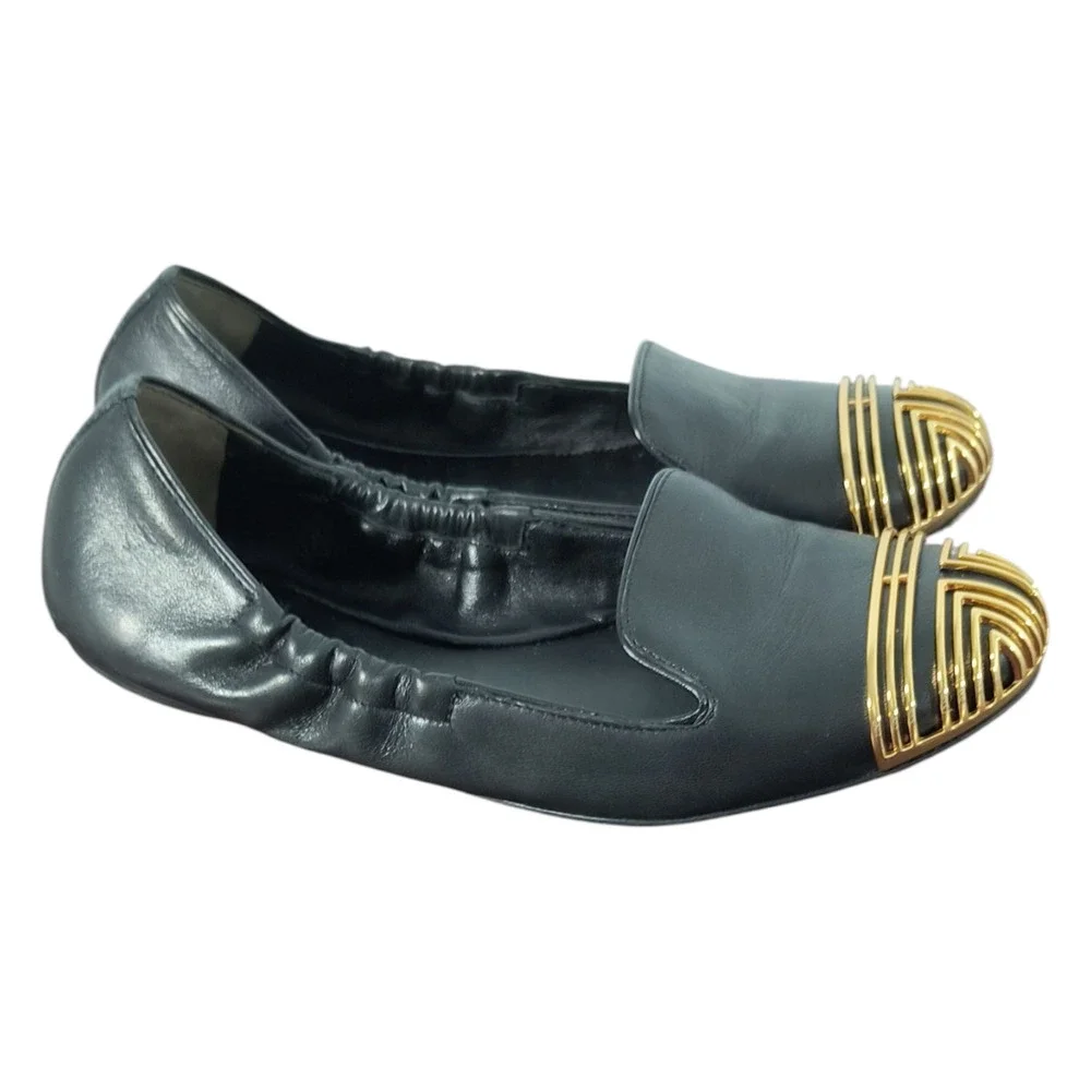Tory Burch Charlee Loafer Ballet Flats Wmn's Sz 7.5 Black Leather Elastic Sides